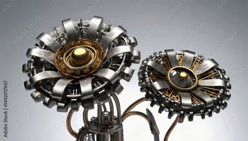 Obraz premium complex multilayer metal mechanical mechanism steampunk flower. the flower grows on a thin stem with mechanical leaves.