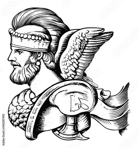 Detailed Engraving of a Winged Warrior with a Helmet and Shield