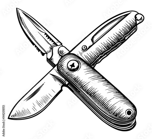 Detailed Engraving of a Crossed Knife and Folding Tool Illustration