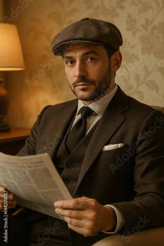 A stylish man dressed in a sharp suit with a crisp shirt, accessorized with a pocket square, sitting in a cozy, well-lit living room.