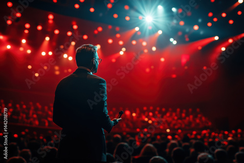 Man in suit stands on stage under red lights.