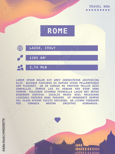 Rome, Italy vector infographics, brochure layout. Guide, leaflet, flyer, advertising graphic template with text, information, city skyline shape. Page, festival, cover mock up image