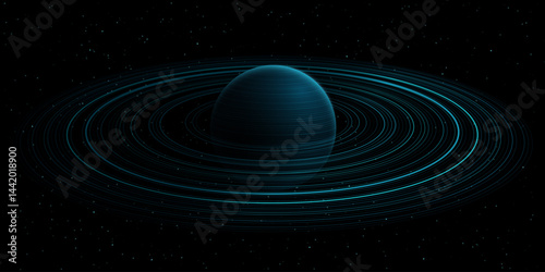 Abstract blue planet Saturn with ring around and Shining Starry sky. Scientific presentation backdrop for online conference or forum. Black outer space concept. Cosmic Science background. Vector illus