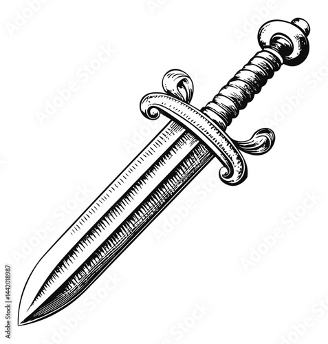 Detailed Engraving of a Distinctive Sword with Elegant Design Elements