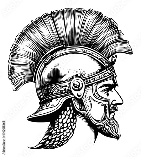Detailed Engraving of a Warrior with a Decorative Helmet and Crest
