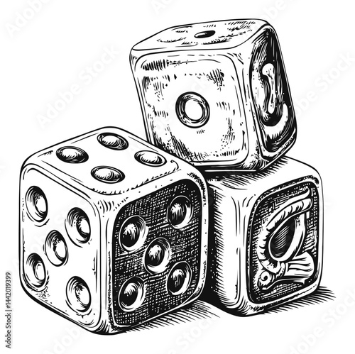 Engraving of Three Vintage Dice with Detailed Illustrations