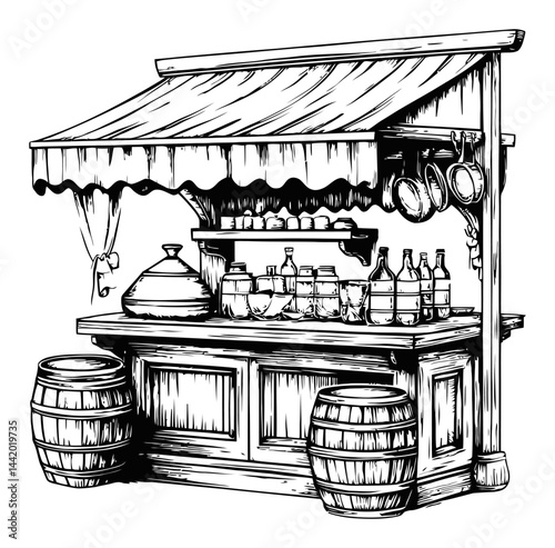 Detailed Engraving of a Vintage Market Stall with Barrels