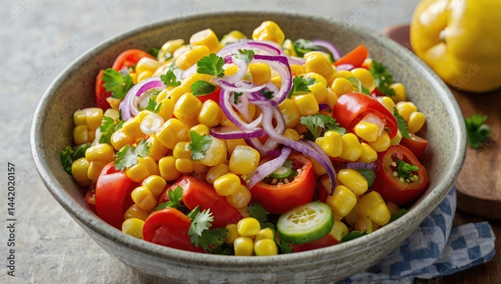 Corn Salad A bowl of fresh corn salad, with colorful bell peppers, onions, and perhaps a lime wedge on the side. Corn Salad A bowl of fresh corn salad, with colorful bell peppers, onions, and perhaps a lime wedge on the side.