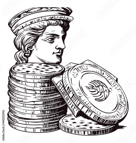 Classic Engraving of a Bust and Stacked Coins in Detailed Illustration