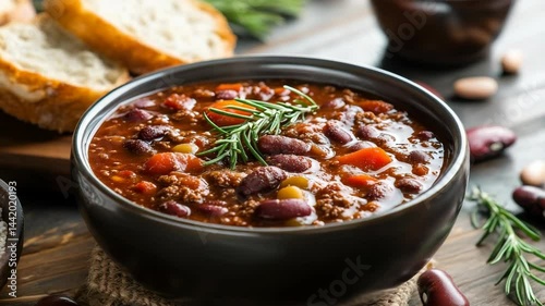 Hearty chili served in a black bowl with fresh herbs alongside rustic bread
