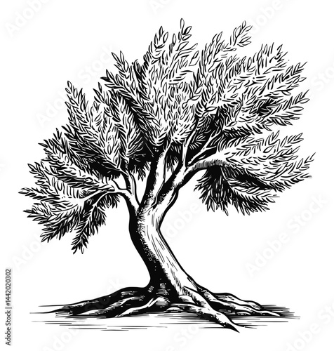 Detailed Engraving of an Olive Tree with Intricate Leaf Patterns