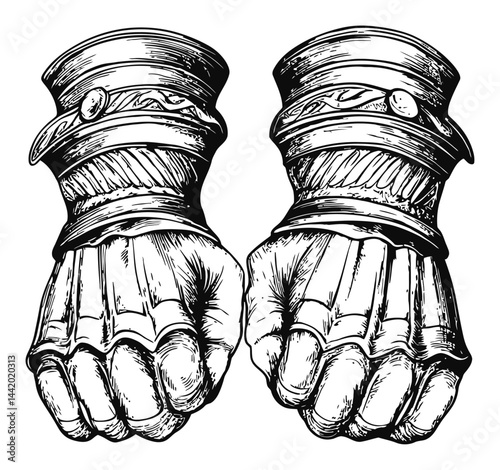 Detailed Engraving of Two Fisted Gauntlets with Ornate Design