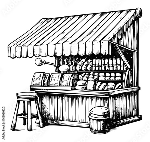 Vintage Engraving of a Market Stall with Fresh Produce and Breads