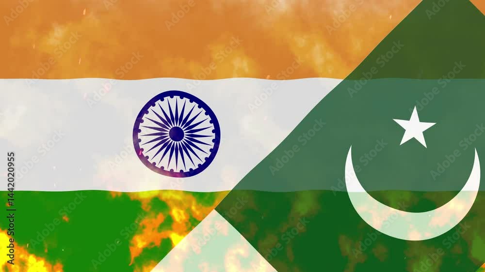 Pakistan India Flag in Motion on Fire Background