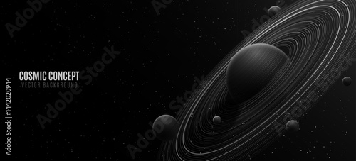 Cosmic Science background. Abstract planet Saturn with ring around and swirling other planets. Shining starry sky. Scientific presentation backdrop for web conference. Vector illustration