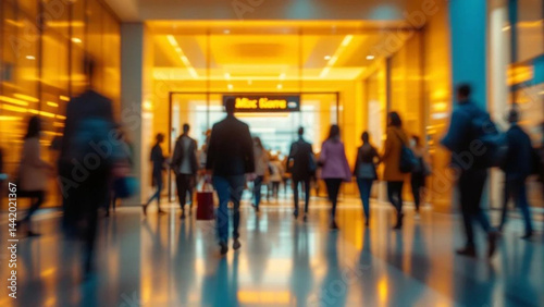 Obraz na płótnie Blurred people in motion in modern lobby. w salonie