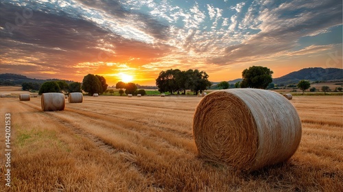 A vibrant sunset bathes round hay bales in golden light, creating a peaceful connection between nature and farmland.

