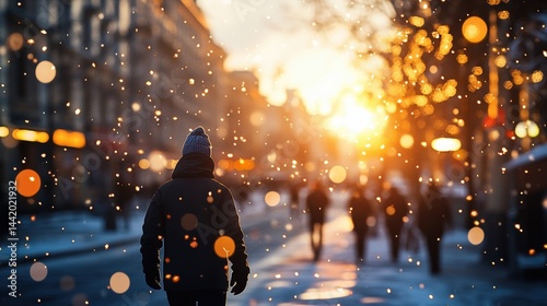 A person wea a beanie and winter coat walking through a snowy city street du sunset with snowflakes falling and warm golden glow in the background