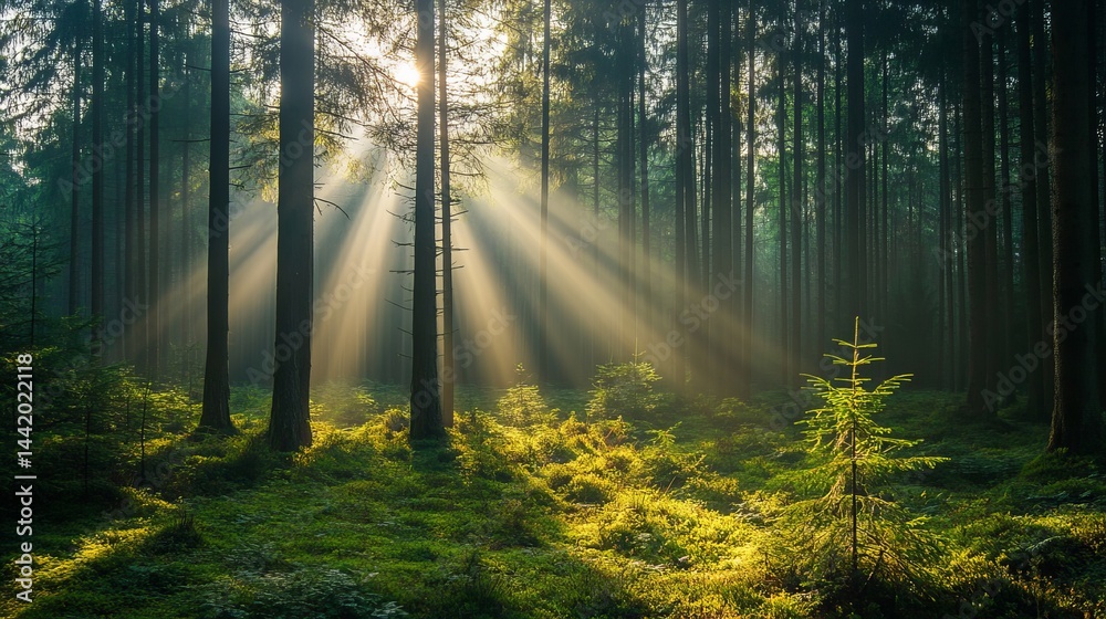 Obraz premium Magical sunbeams illuminate serene green forest landscape with tall trees fir calm rays dark pine
