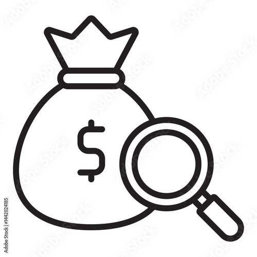 Money bag and magnifying glass outline icon	
