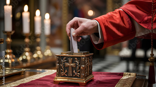 A Catholic cardinal dressed in traditional red vestments casts a vote into a bronze urn adorned with Christian crosses during the papal conclave in the Vatican.