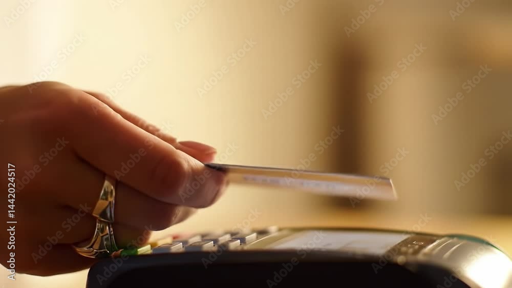 Handholding card close to payment terminal in a bright space