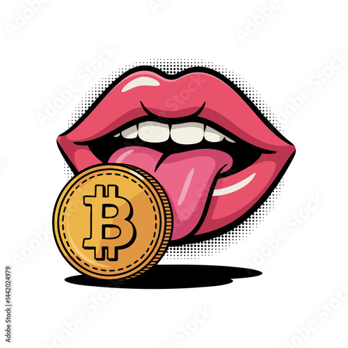 Mouth with a tongue licking a gold bitcoin.