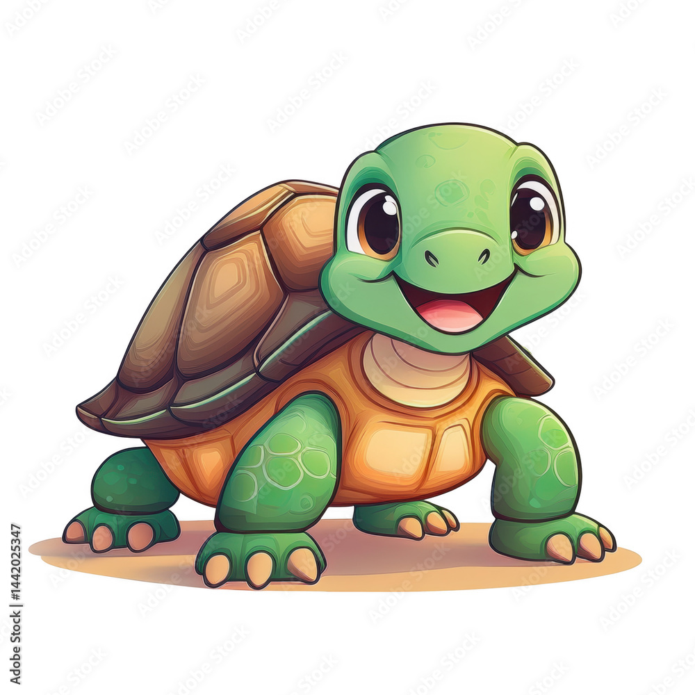 Obraz premium Happy smiling cartoon tortoise with large head, round eyes, and detailed shell, showing cute and friendly expression in colorful illustration style