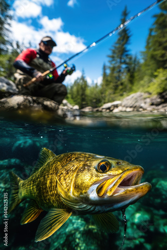 dynamic moment of anglers fishing in freshwater lakes showcasing thrill of catching fish on hook.