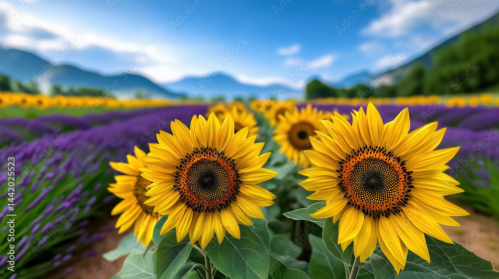 Obraz premium Sunflowers and Lavender fields under a clear sky in summer