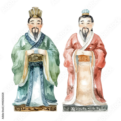Han Dynasty Chinese figurines, watercolor drawing, isolated on a white background. Han Dynasty Chinese figurines vector.