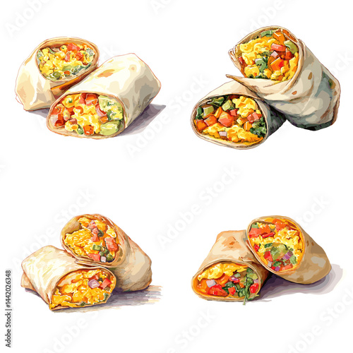 Hand-drawn breakfast burrito with colorful vegetables and scrambled eggs. Ideal for healthy eating, menu design, Mexican food themes, or morning meal visuals. Isolated on white background.

