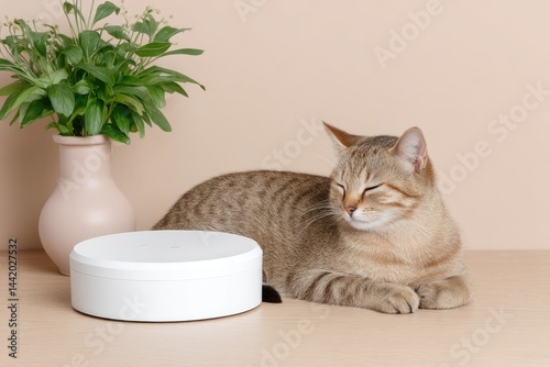 Obraz na płótnie Cat Napping Peacefully Beside a Stylish Pet Hub in a Cozy Indoor Setting With a Plant w salonie