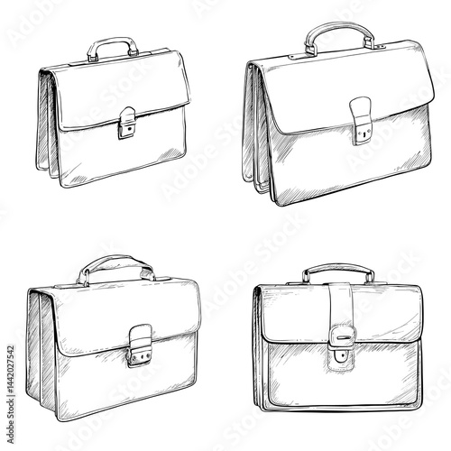 Sketch illustration of classic leather briefcase. Great for business, office accessories, career, professional lifestyle, or corporate identity themes. Isolated on white background.

