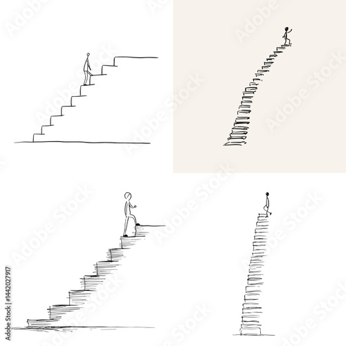 Minimalist sketch of people walking upstairs symbolizing growth, success, and achievement. Perfect for motivation, progress, and career concepts. Isolated on white background.

