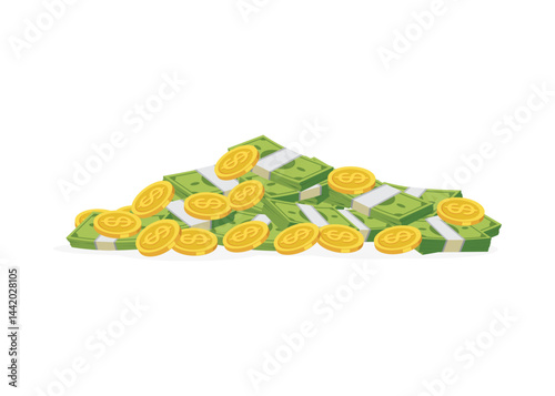 Big stack of golden coins and dollar bill vector stock illustration