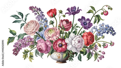 Vintage Floral Bouquet Illustration – Colorful Botanical Art Print