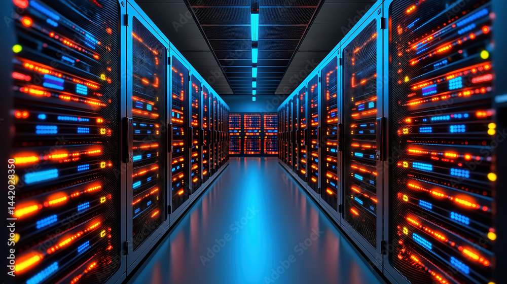 Obraz premium High-tech server room with illuminated racks and cables