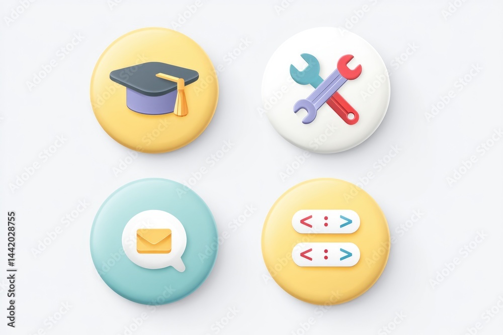 Circle of Icons Representing Education, Communication, and Tools for Problem-Solving in Modern Life