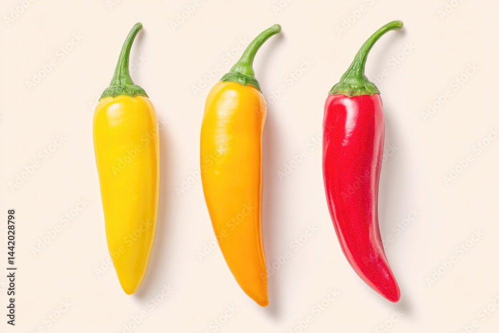 Clean Composition Featuring Three Upright Chili Peppers in Vibrant Colors on a Smooth Background