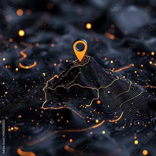 Digital terrain map with a highlighted location marker