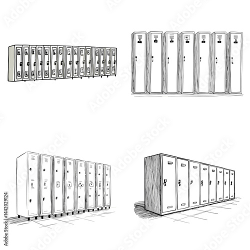 Hand-drawn locker illustrations in school hallway style. Ideal for educational posters, classroom decor, back to school designs, or nostalgic comics. Isolated on white background.


