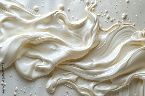 White liquid pouring downward, creating delicate, soft curves as it falls, captured in high detail against a blank white backdrop. Elegant liquid concept