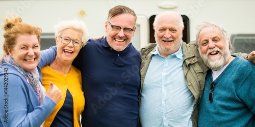 Foto Group of five older adults smiling outdoors