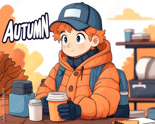 Boy in orange jacket enjoys autumn outdoors
