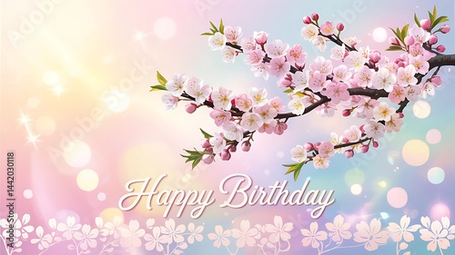 Elegant Happy Birthday Greeting with Cherry Blossoms and Pastel Bokeh Background