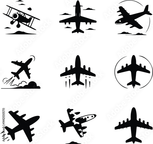 Airplane Silhouette Set | Aviation Icon Vector Collection Aircraft Silhouette Logo Set | Flight and Travel Icons

