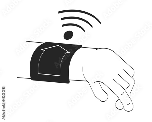 Smartwatch hand with remote home control and wifi signal doodle outline illustration. Wrist IoT wearable emitting Wi-Fi 2D vector drawing sketch isolated on white. Monochrome clip-art handdrawn