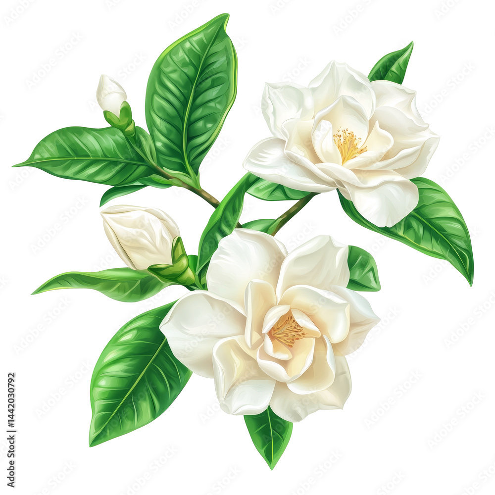 Fototapeta premium Beautiful gardenia flowers clipart with vivid green leaves isolated on a clean transparent background, Gardenia flowers isolated on transparent background