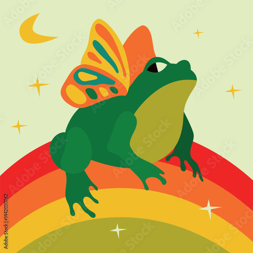 Frog with Butterfly Wings on Rainbow Vector Illustration. Green frog adorned with vibrant butterfly wings, sitting joyfully on a colorful rainbow with stars and a crescent moon in the background